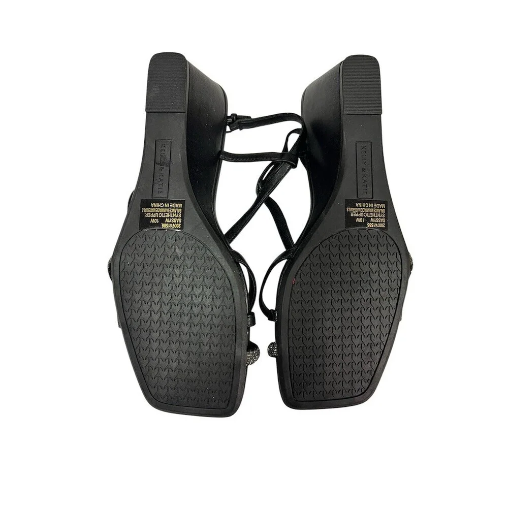 Kelly & Katie Wedge Sandals Womens 10W Wide Black Strappy Rhinestone 3